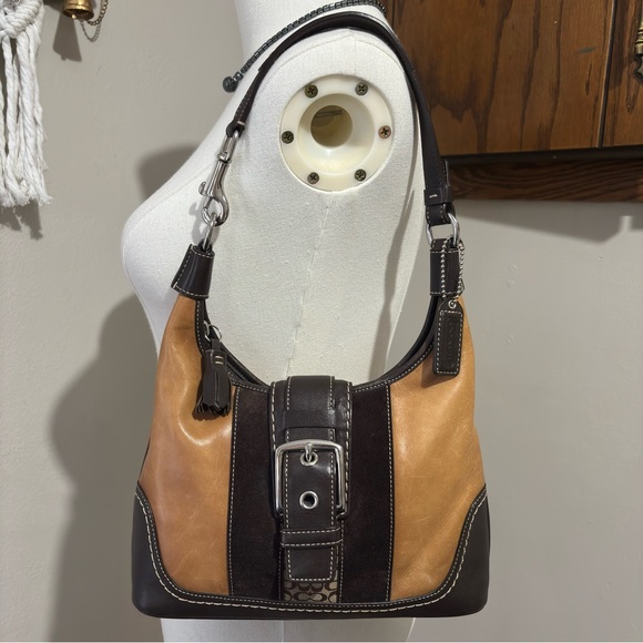 Coach Handbags - Coach Brown Two Tone Leather Signature Monogram Canvas Hobo Shoulder Purse